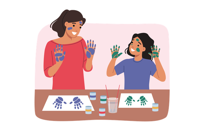 Fille et mère en train de peindre  Illustration