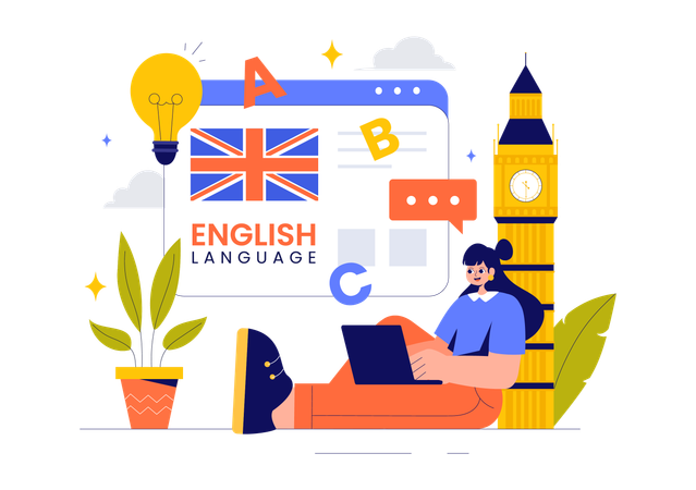 Fille qui étudie l'anglais en ligne  Illustration