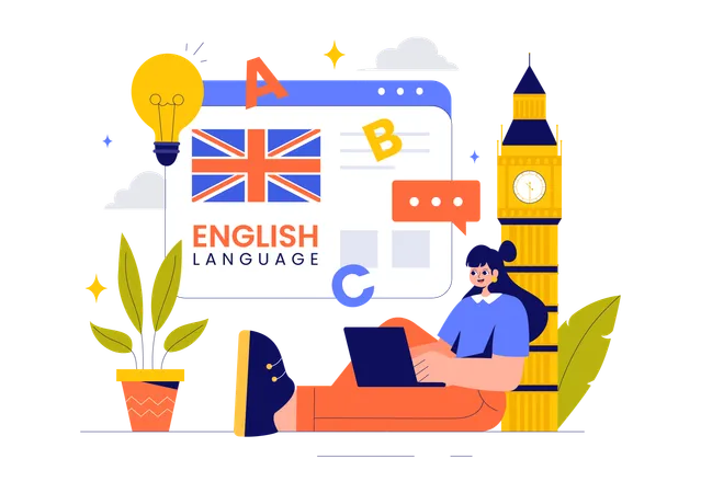 Fille qui étudie l'anglais en ligne  Illustration