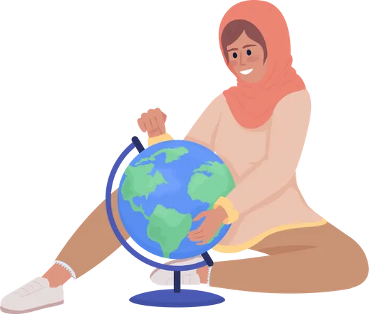 Fille excitée étudiant le globe terrestre  Illustration