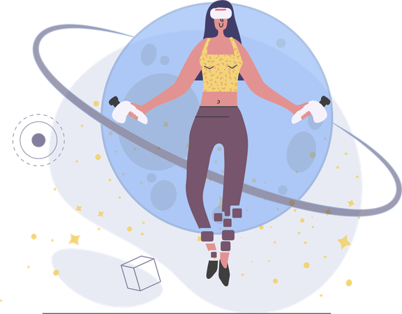 Fille découvrant le monde VR à travers des lunettes VR  Illustration