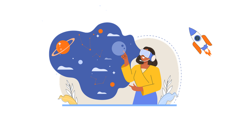 Fille expérimentant l'espace grâce à la technologie VR  Illustration