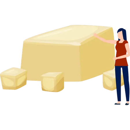 Fille expliquant le cube de fromage jaune  Illustration