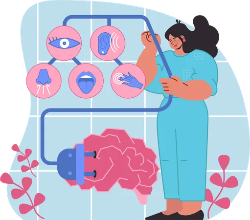 Fille explorant les cinq sens visuels liés au fonctionnement du cerveau  Illustration