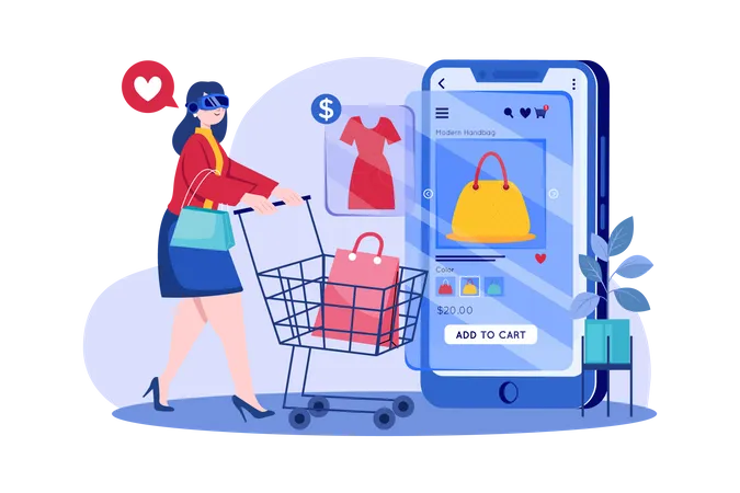 Fille faisant du shopping en utilisant la technologie vr  Illustration