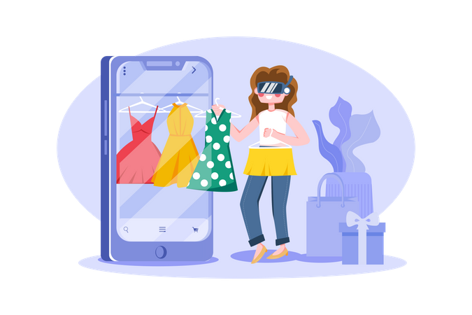 Fille faisant du shopping en utilisant la technologie virtuelle  Illustration