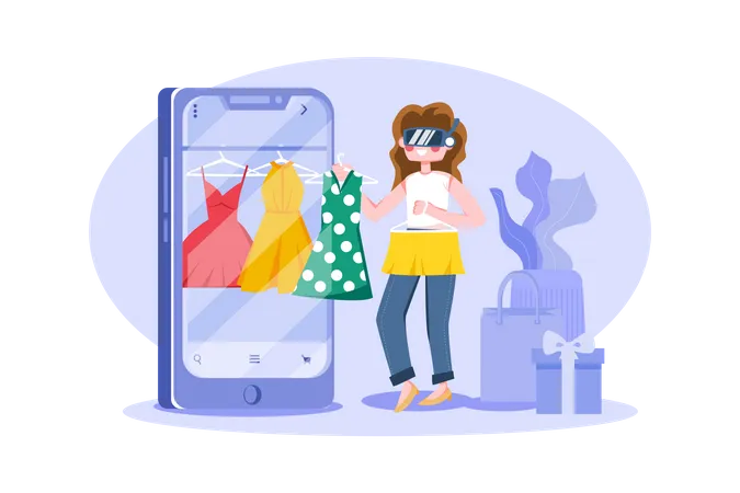 Fille faisant du shopping en utilisant la technologie virtuelle  Illustration