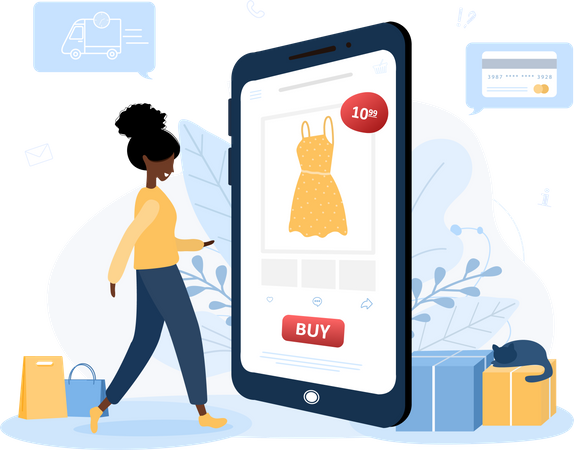 Fille faisant des achats de vêtements en ligne  Illustration