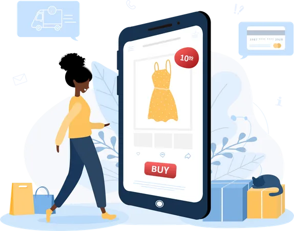 Fille faisant des achats de vêtements en ligne  Illustration