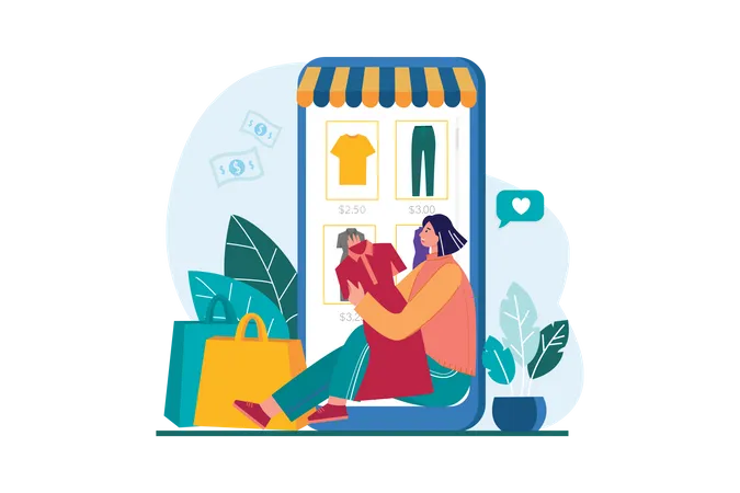 Fille faisant des achats de vêtements en ligne  Illustration