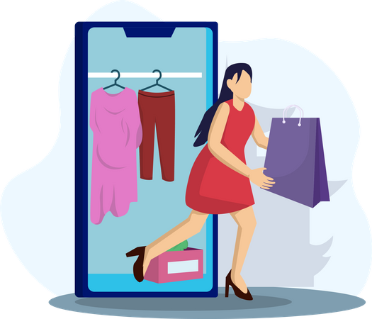 Fille faisant des achats de vêtements en ligne  Illustration