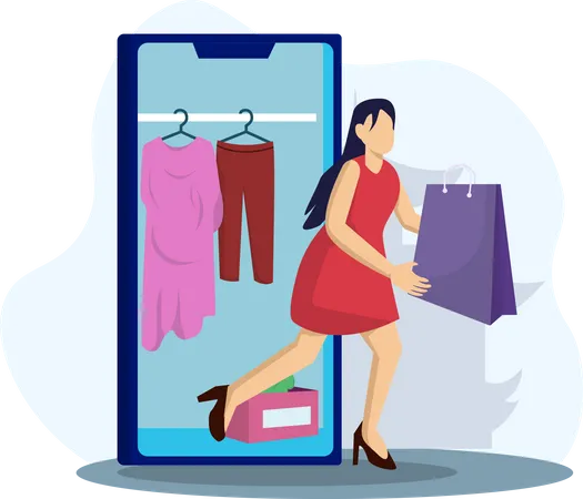 Fille faisant des achats de vêtements en ligne  Illustration