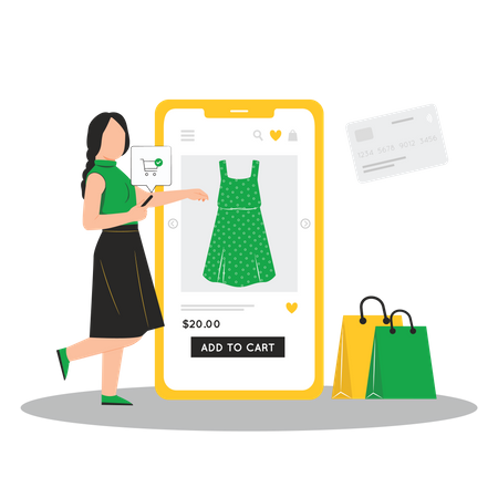 Fille faisant des achats de vêtements en ligne  Illustration