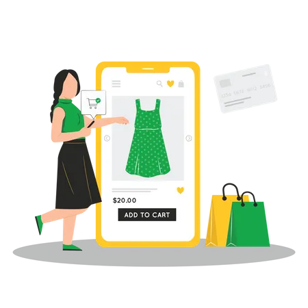 Fille faisant des achats de vêtements en ligne  Illustration