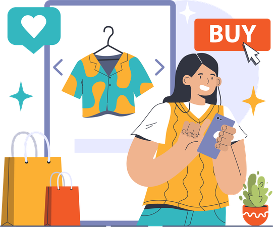 Fille faisant des achats en ligne en utilisant un mobile  Illustration