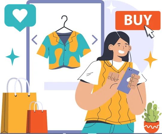 Fille faisant des achats en ligne en utilisant un mobile  Illustration