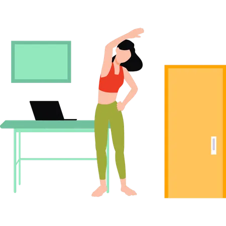 Fille faisant de l'exercice en ligne à la maison  Illustration