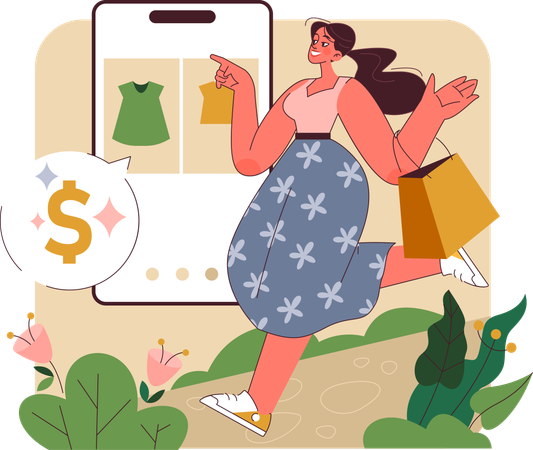 Fille faisant des achats en ligne  Illustration