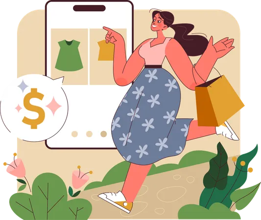 Fille faisant des achats en ligne  Illustration