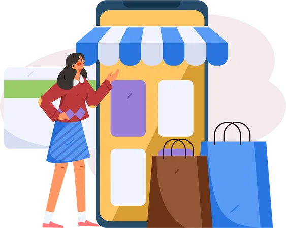 Fille faisant des achats en ligne  Illustration