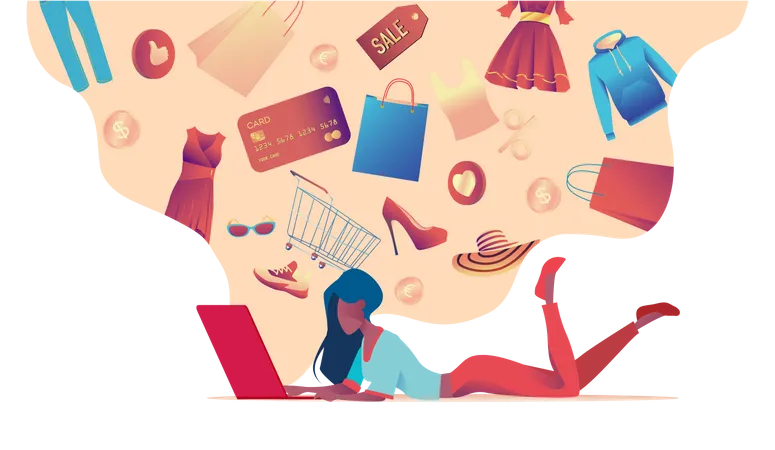 Fille faisant des achats en ligne  Illustration