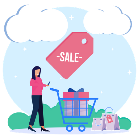 Fille faisant des achats en ligne  Illustration