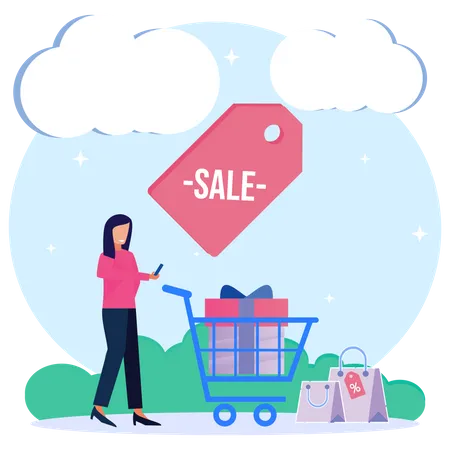 Fille faisant des achats en ligne  Illustration