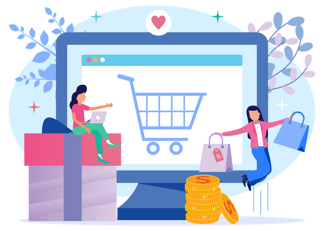 Fille faisant des achats en ligne  Illustration