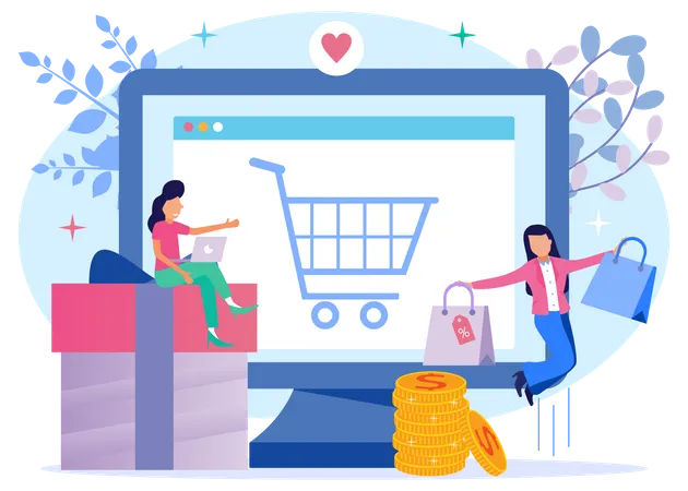 Fille faisant des achats en ligne  Illustration