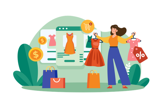 Fille faisant des achats en ligne  Illustration