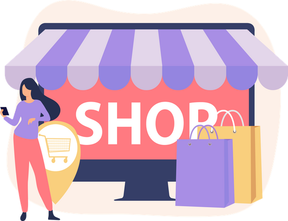 Fille faisant des achats en ligne  Illustration