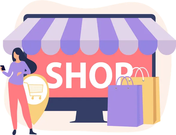 Fille faisant des achats en ligne  Illustration