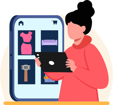 Fille faisant des achats en ligne  Illustration