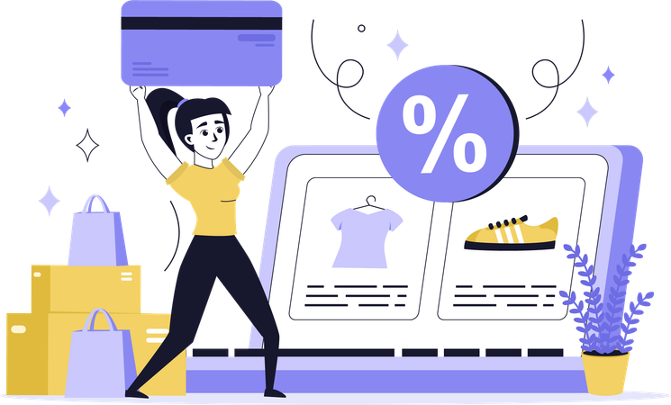 Fille faisant des achats en ligne à prix réduits  Illustration