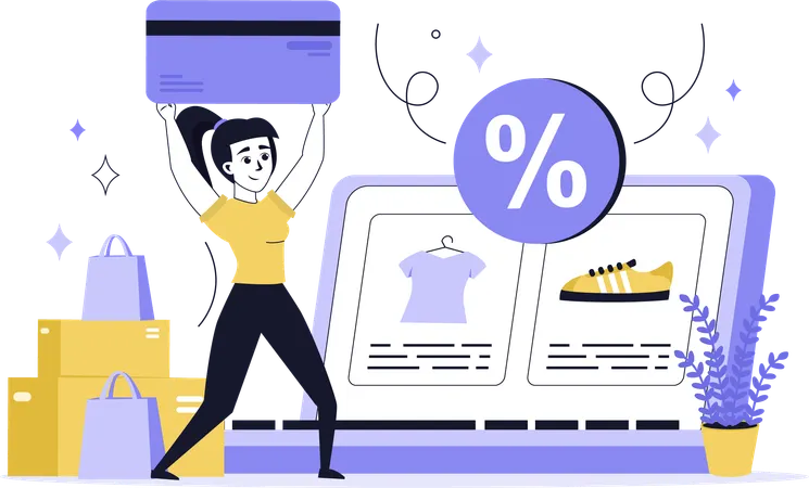 Fille faisant des achats en ligne à prix réduits  Illustration
