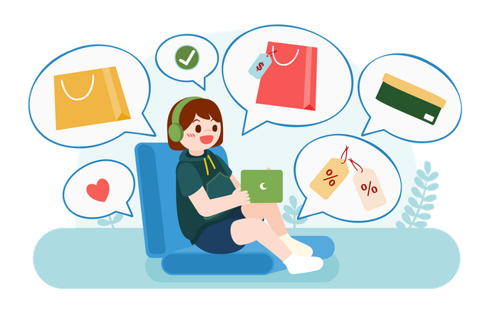 Fille faisant des achats en ligne avec les droits des consommateurs  Illustration