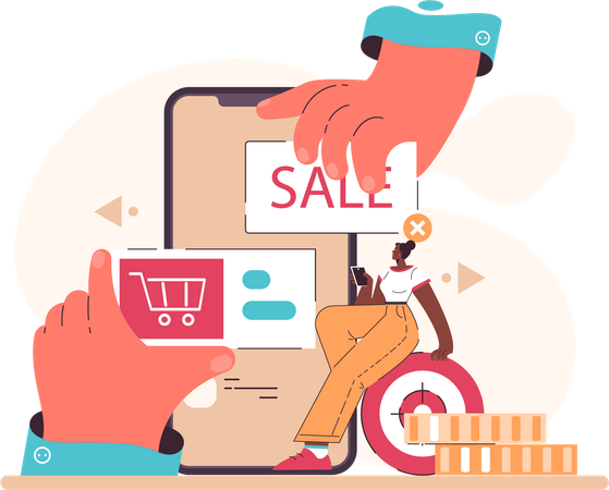 Fille faisant des achats en ligne en utilisant un mobile  Illustration