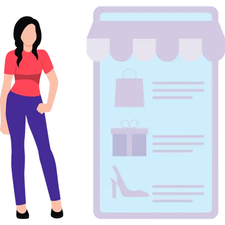 Fille faisant des achats en ligne avec mobile  Illustration