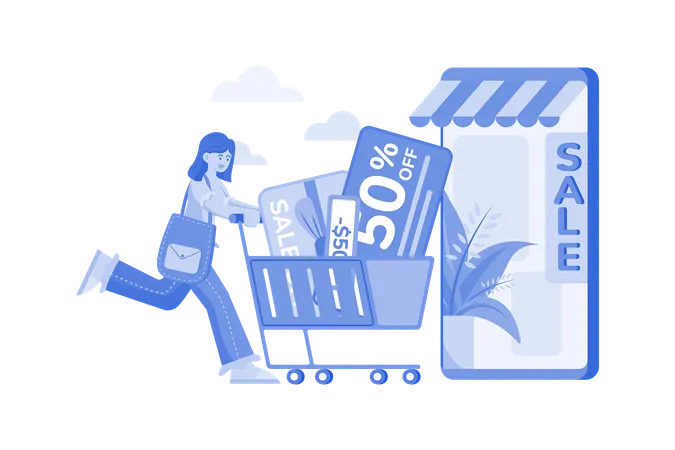 Fille faisant des achats en ligne avec réduction  Illustration