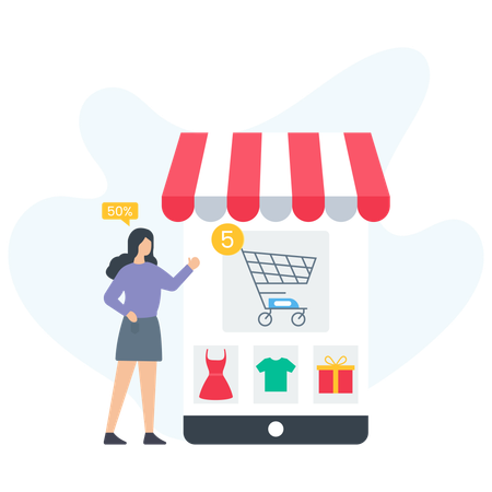 Fille faisant des achats en ligne en utilisant un mobile  Illustration