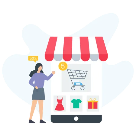 Fille faisant des achats en ligne en utilisant un mobile  Illustration