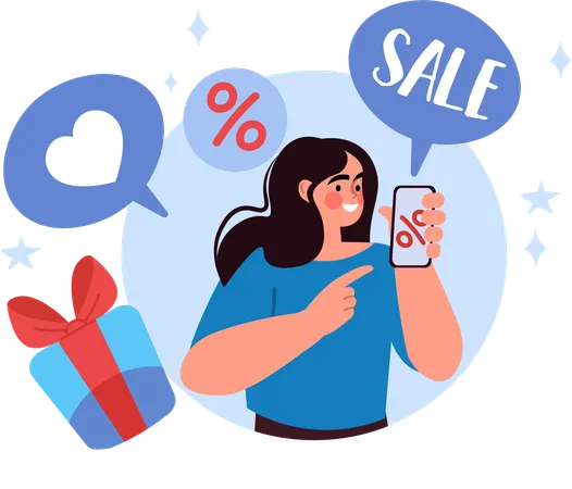 Fille faisant des achats en ligne depuis un mobile  Illustration