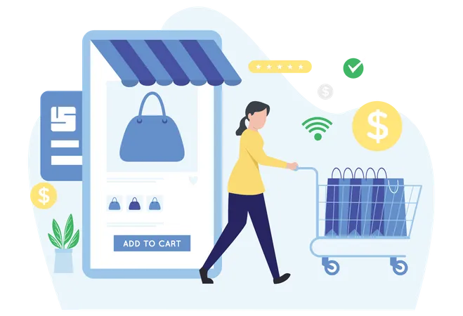 Fille faisant des achats en ligne à l'aide de l'application Shopping  Illustration