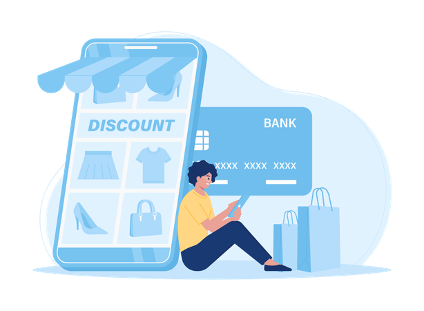 Fille faisant le paiement des achats en ligne  Illustration