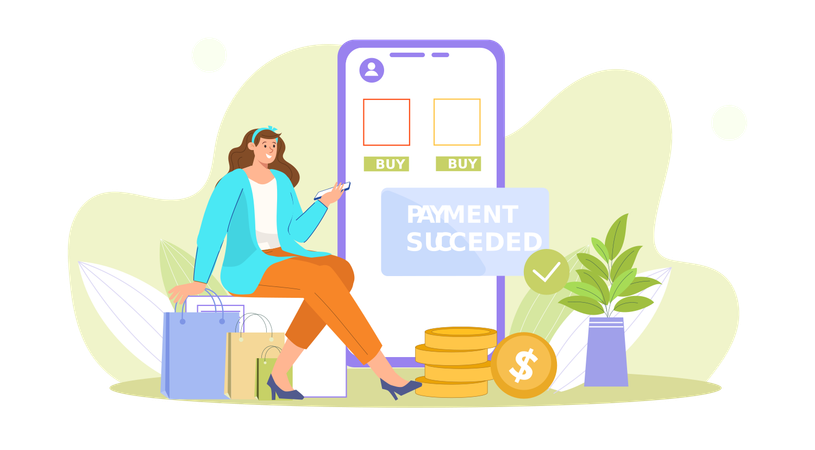 Fille faisant le paiement des achats en ligne  Illustration