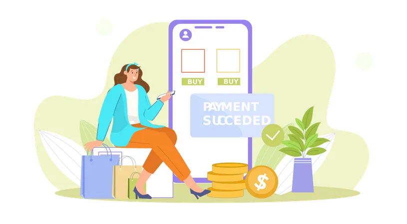 Fille faisant le paiement des achats en ligne  Illustration