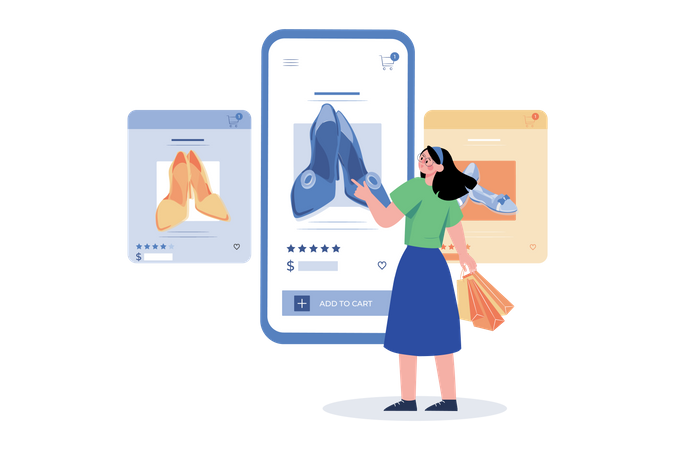 Fille faisant des achats en ligne par Smartphone  Illustration