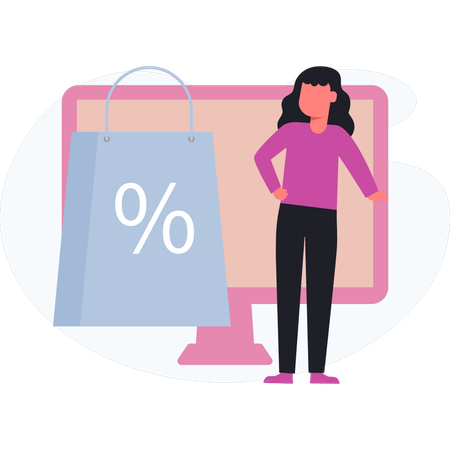 Fille faisant des achats en ligne avec une réduction en ligne  Illustration