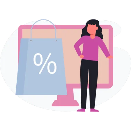 Fille faisant des achats en ligne avec une réduction en ligne  Illustration