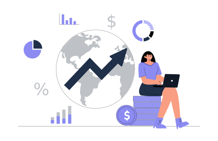 Une jeune fille rédige un rapport sur l'économie mondiale  Illustration